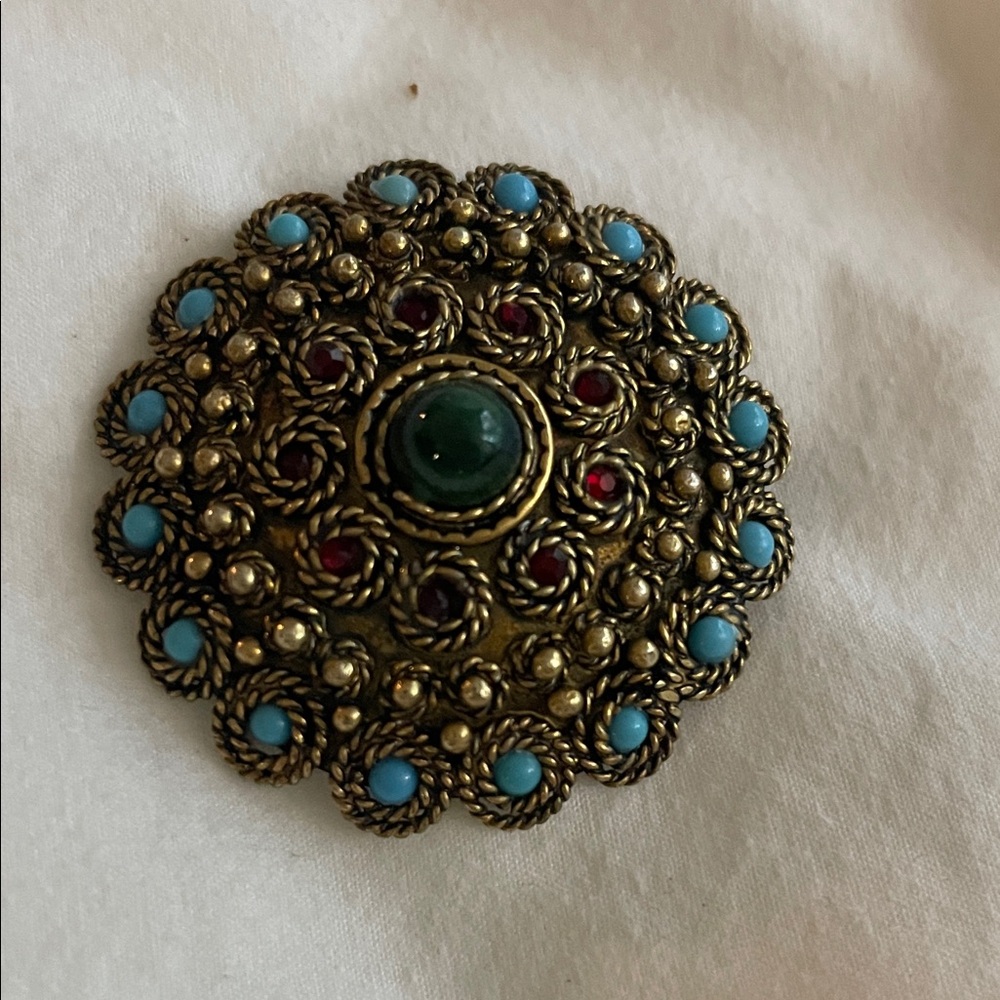 Elegant Gold Brooch with Turquoise and Green Accents
